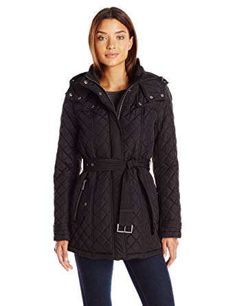 Tommy Hilfiger Women's Quilted Jacket with Tie Waist and Removable Hood,  Black, ...