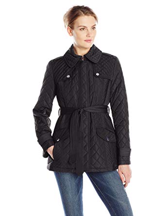 Anne Klein Women's Quilted Jacket with Belt, Black, Large