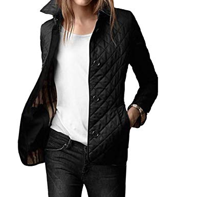 E.JAN1ST Women's Diamond Quilted Jacket Stand Collar Button End with Pocket  Coat, Black
