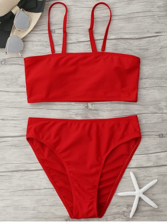 hot Padded High Cut Bandeau Bikini Set - RED M