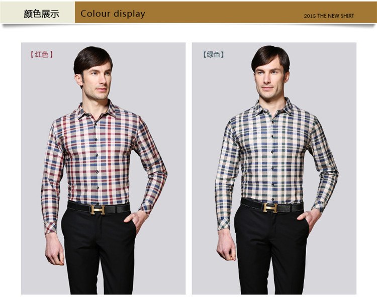 Mens long sleeve plaid shirts slim fit summer style social dress