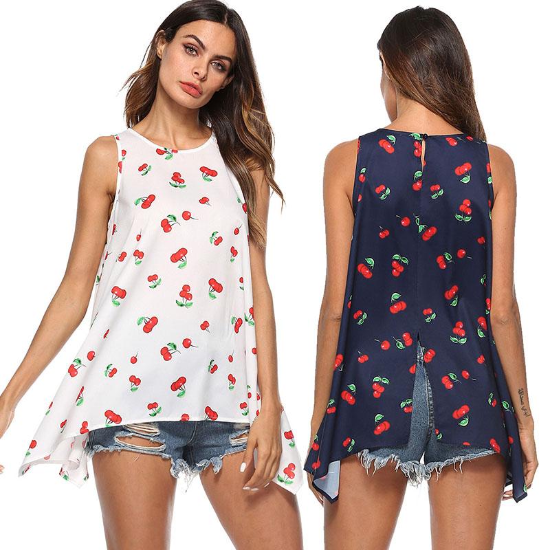 2018 New Summer Sleeveless Top Women Blouses Shirts Irregular Cherry  Printed Chiffon Shirt Loose Leisure Women Tops Clothes Design T Shirt Logos  Trendy T ...