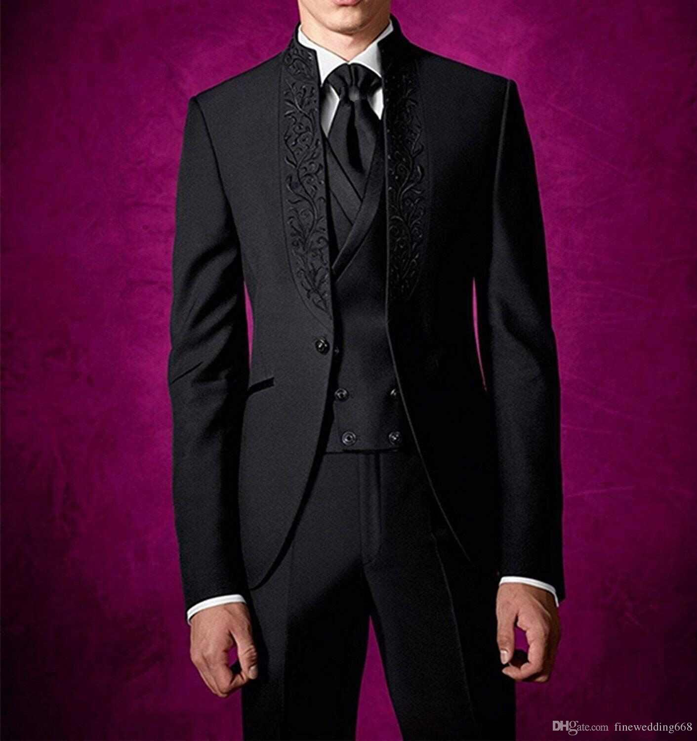 Fashionable Shawl Lapel One Button Black LWedding Groom Tuxedos Men Suits  Wedding/Prom/Dinner Best Man BlazerJacket+Tie+Vest+Pants 25 Dress Formal  Men