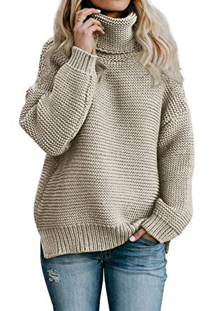 Imily Bela Womens Oversized Turtleneck Sweater Long Sleeve Chunky Pullovers  Knitted Outfit (Small, Khaki