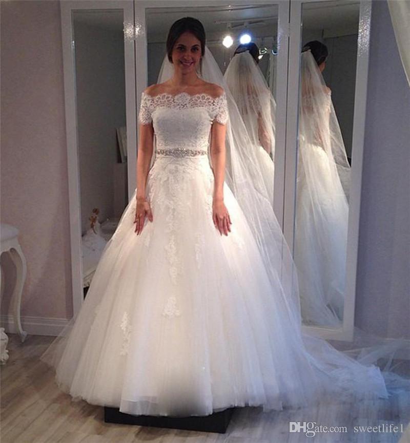Discount Romantic Princess Wedding Dresses Short Sleeve With Crystals Sash  Elegant White Bridal Gowns Vestido De Casamento Dresses Online Shopping  Gold ...
