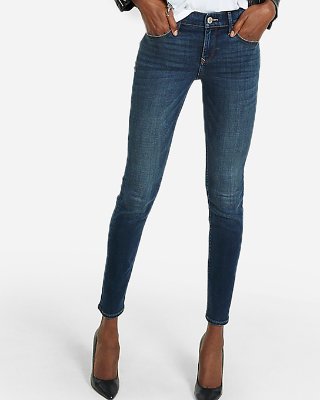 Express View · mid rise dark wash stretch+ skinny jeans