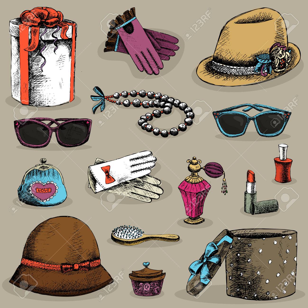 Vector - Womenu0027s accessories set of gloves glasses hat lipstick and  perfume, decorative isolated vector illustration