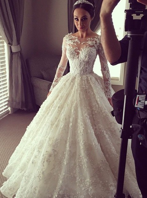 Elegant Ball Gown Lace Long Wedding Dress with Long Illusion Sleeves