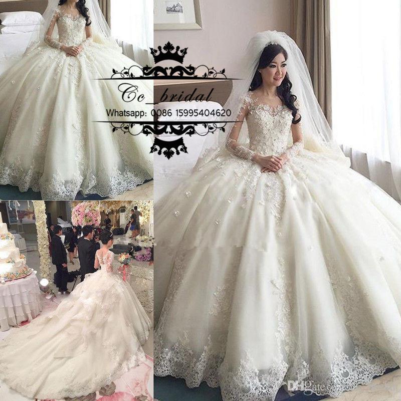 Luxury Princess Ball Gown Lace Wedding Dresses With Cathedral Train 2016  Long Sleeves Brisal Gowns Sexy See Through Back Vestido De Novias Ball Gown  Wedding