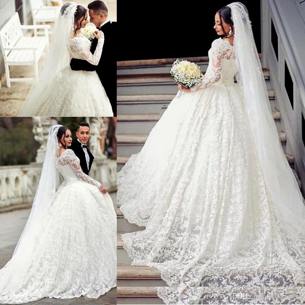 2017 Ball Gown Lace Wedding Dress Arabic Style Appliques Off The Shoulder  Sheer Long Sleeves Wedding Dress With Long Train Bridal Gowns Ball Dress  Ball Gown
