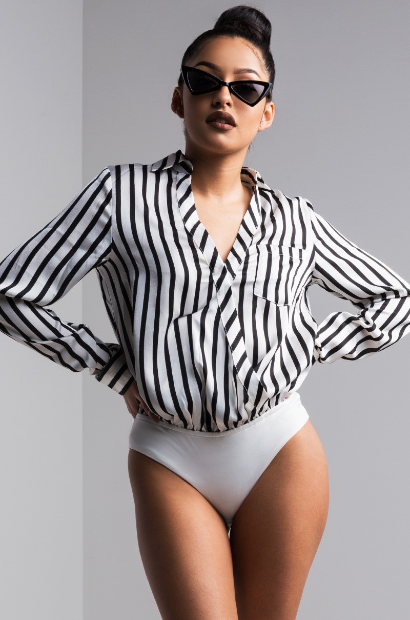 Front View 9 To 5 Striped Blouse Bodysuit in Stripe