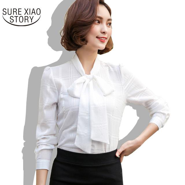 2017 summer Long-Sleeved Women Blouse Bow Tie with Shirt Chiffon Blouse  Clothes Tops 68B