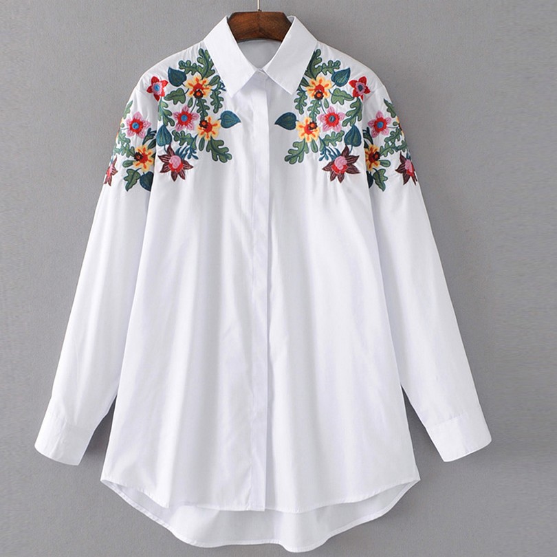 Slim Fit Black White Blouses with Embroidery 2017 Spring Chemise Femme  Single Breasted Elegant Shirts for Women Clothing Tops-in Blouses & Shirts  from
