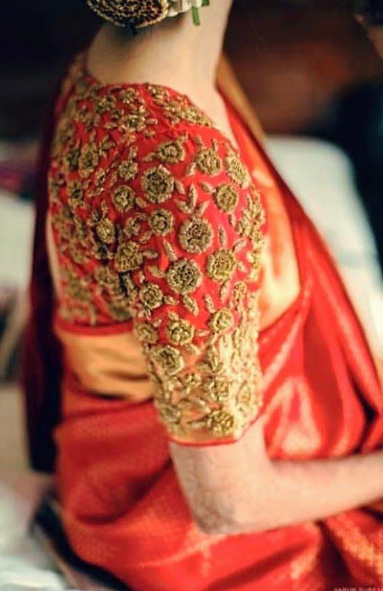 Red Pattu Saree Blouse With Golden Embroidery