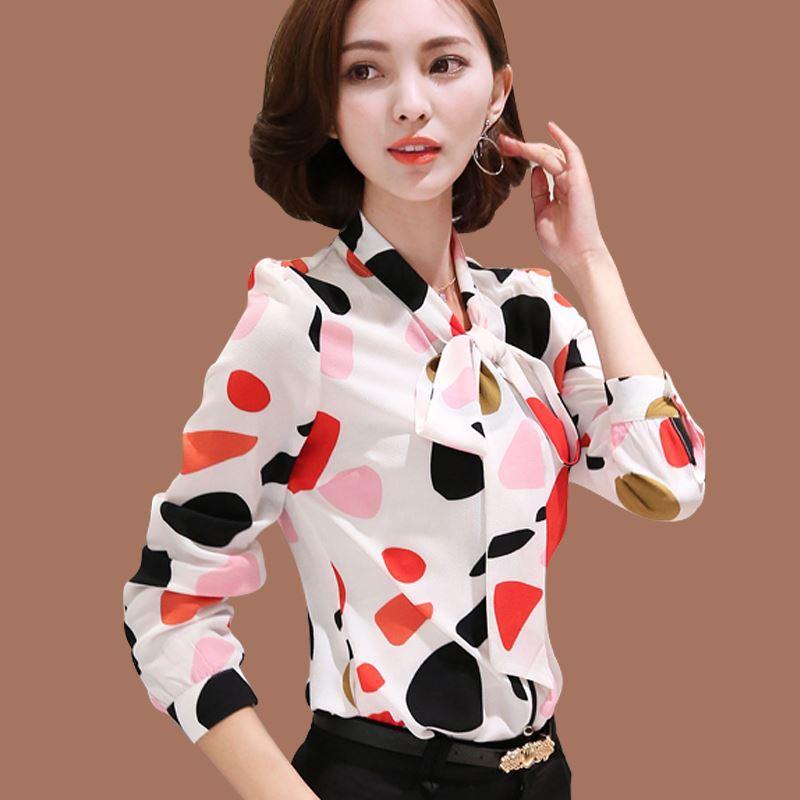 2019 Work Wear Office Shirt Women Tops Floral Bow Pattern Geometric Print  Chiffon Blouses And Shirts Women Clothing Chemise Femme From Sunmiss,