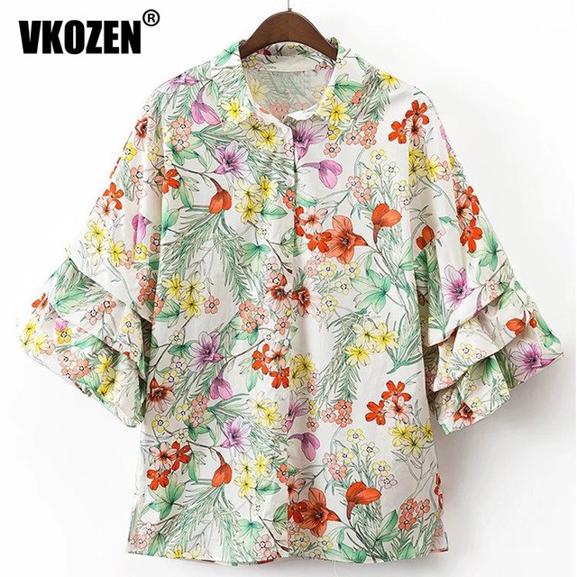 Women Sweet Floral Pattern Cascading Butterfly Sleeve Shirt Turn Down  Collar Half Sleeve Blouse Tops YN