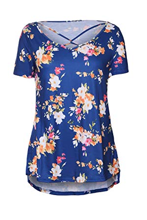 Dokotoo Womens Casual Summer Floral Print Crisscross Cotton Blouses Tops T- Shirts