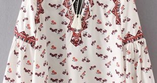 Long Sleeve Floral Print Tribal Embroidered Tassel Chiffon Blouse