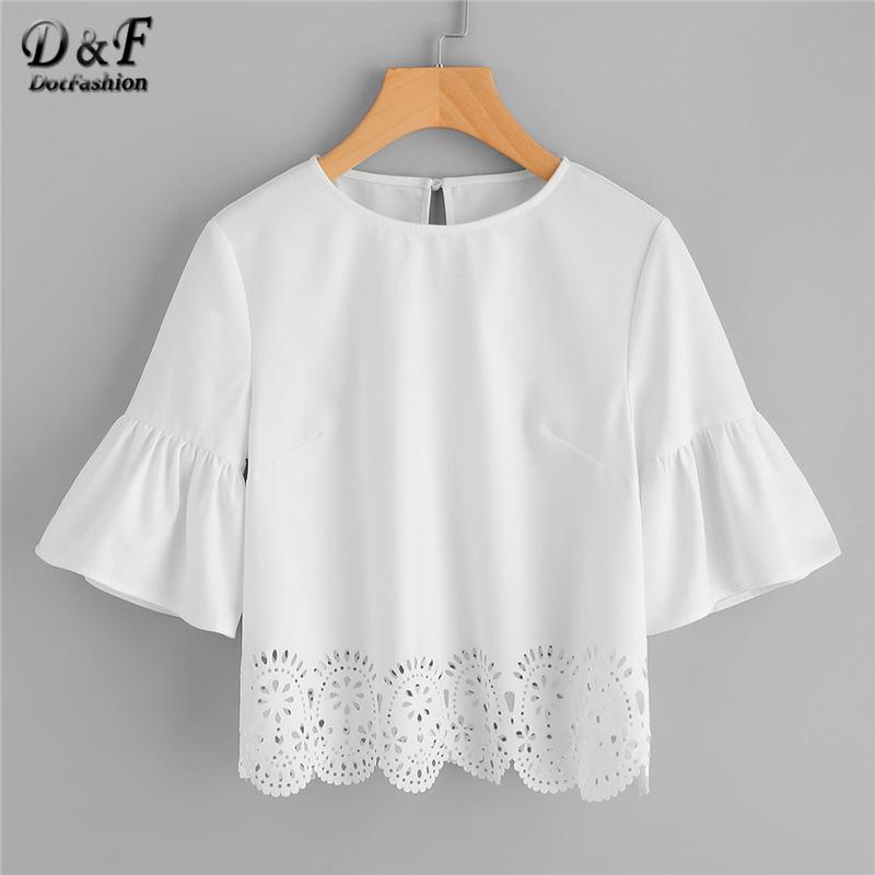 2019 Dotfashion Trumpet Sleeve Scallop Laser Cut Tops 2018 Summer Round  Neck Half Sleeve White Blouse Woman Cut Out Button Blouse From Cactuse,