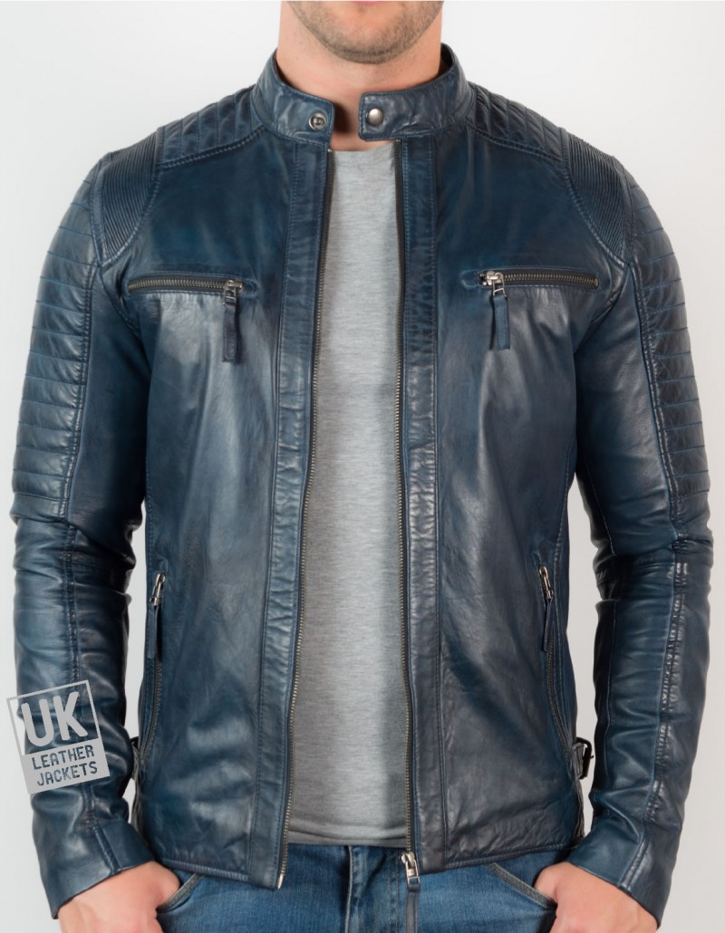 Mens Navy Blue Leather Biker Jacket - Cruz - Fron Unzipped