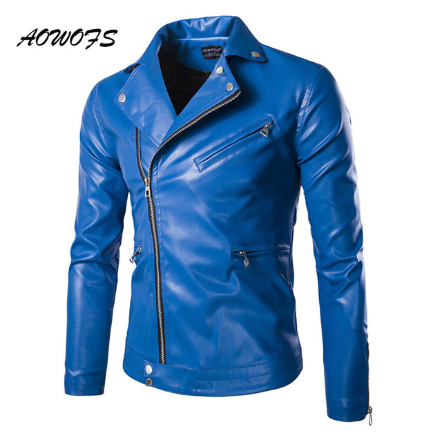 AOWOFS Mens Blue Leather Jackets Slim Fit Leather Blouson Jacket Coats  Designer Punk Leather Biker Jackets