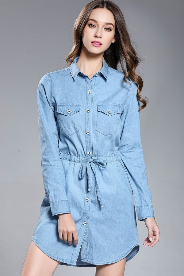 Light Blue Long Sleeve Drawstring Button Up Denim Shirt Dress