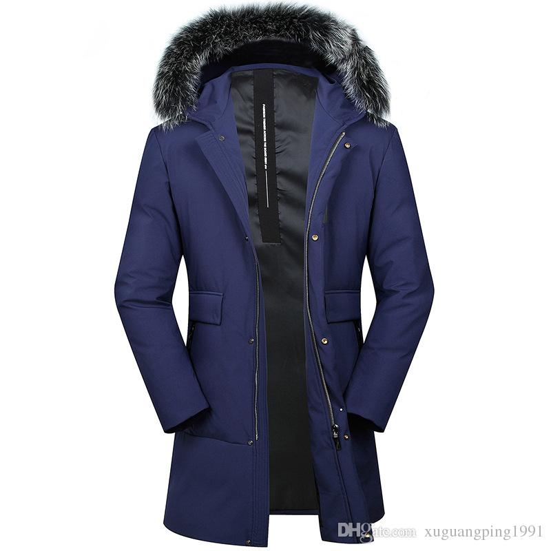 Brand Casual Blue Men Down Parkas Coat Fur Collar Hooded White Duck  Down Thick Jackets For