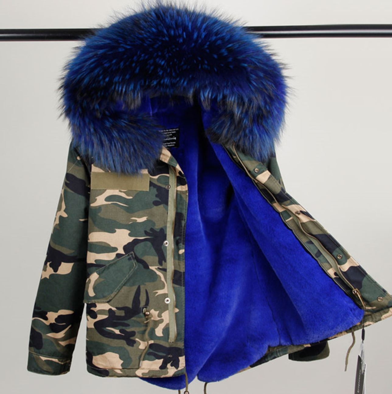 Blue Parka for Women with Huge Very Soft Hood with Raccoon Fur Camouflage  Parkas