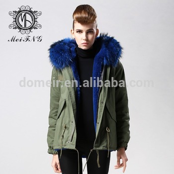 Removable blue fur collar trim strip parkas with warm soft touching,army  green parka for