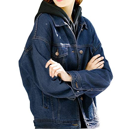 Loose Women Dark Blue Washed Pocket Button Boyfriend Jean Jacket Denim  Jacket Coat(S-