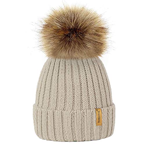 TOSKATOK®Womens Winter Rib Knitted Hat/Beanie with Detachable Chunky Faux  Fur Bobble Pom