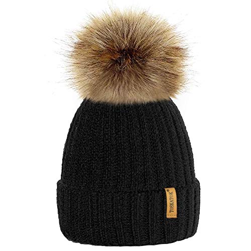 TOSKATOK®Womens Winter Rib Knitted Hat/Beanie with Detachable Chunky Faux  Fur Bobble Pom