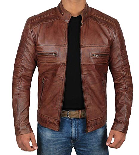 Brown Leather Jacket Mens - Cafe Racer Real Lambskin Leather