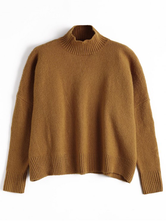 sale Ribbed Trim High Neck Sweater - BROWN ONE SIZE