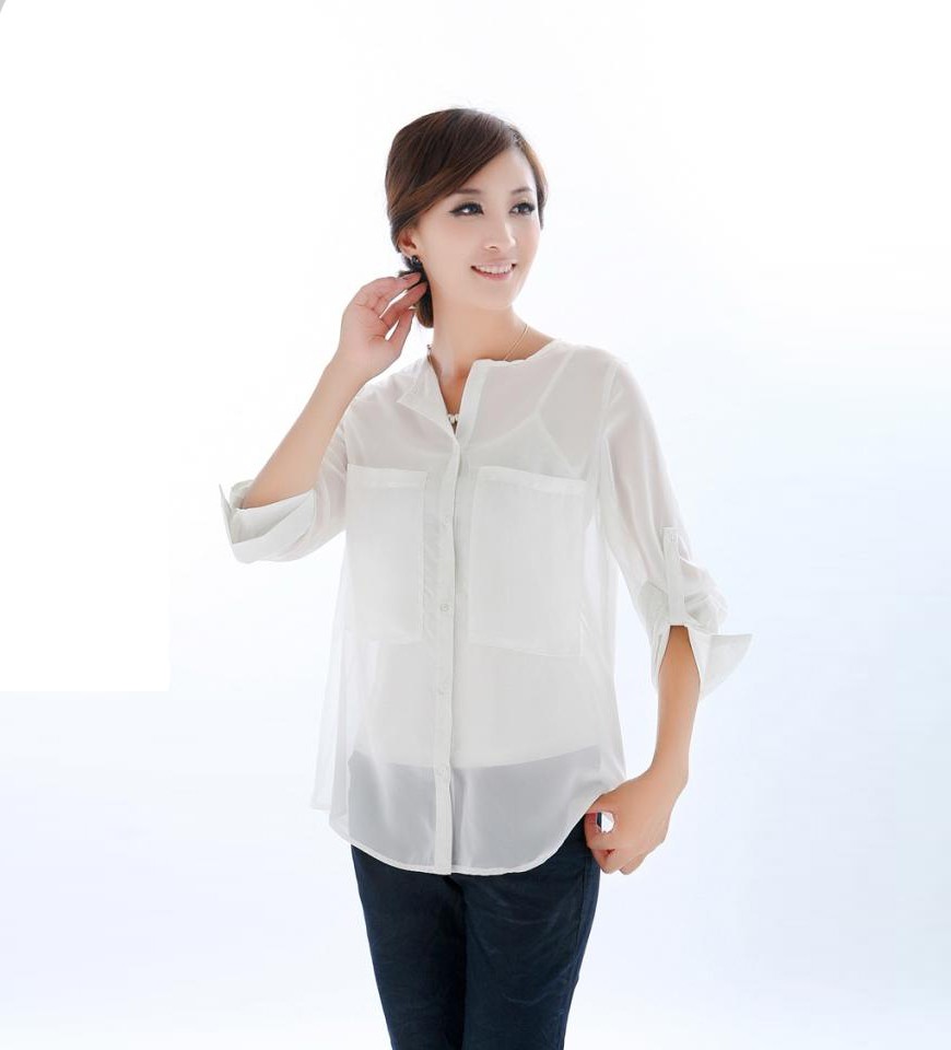 Double Pockets White Chiffon Shirt @ Womens shirts & blouse:women shirts, cheap button down shirts,long