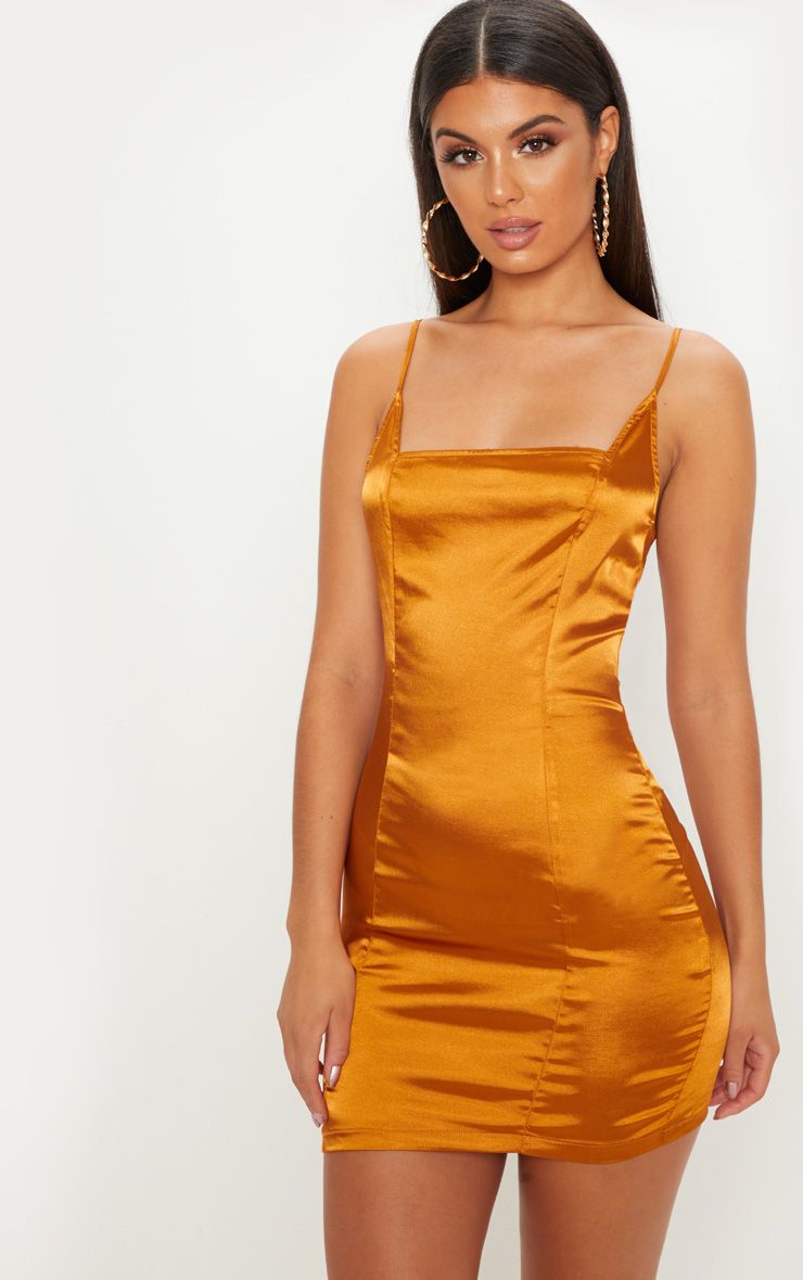 Gold Satin Strappy Square Neck Bodycon Dress