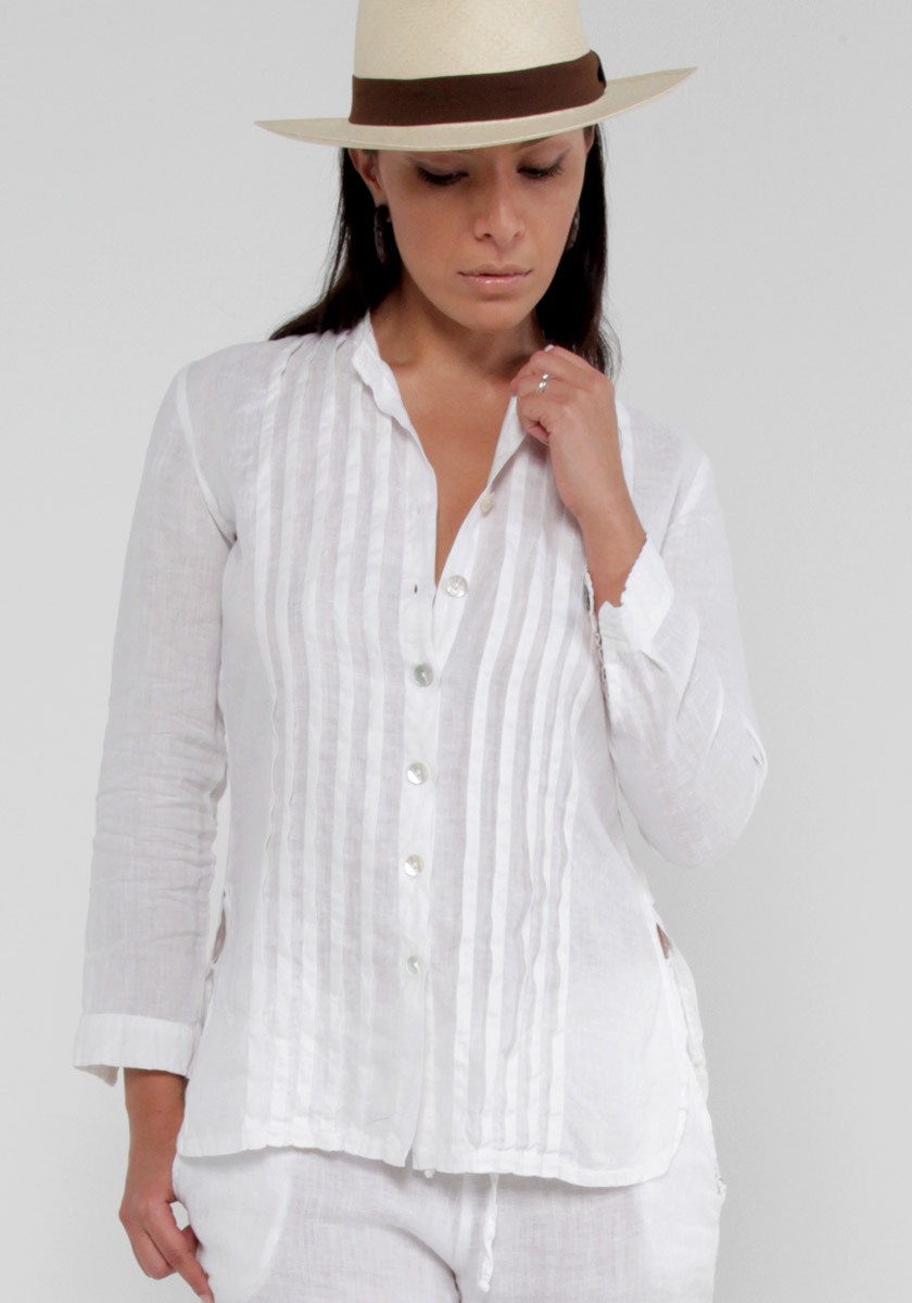 White Linen Button Down Shirt with Pleats