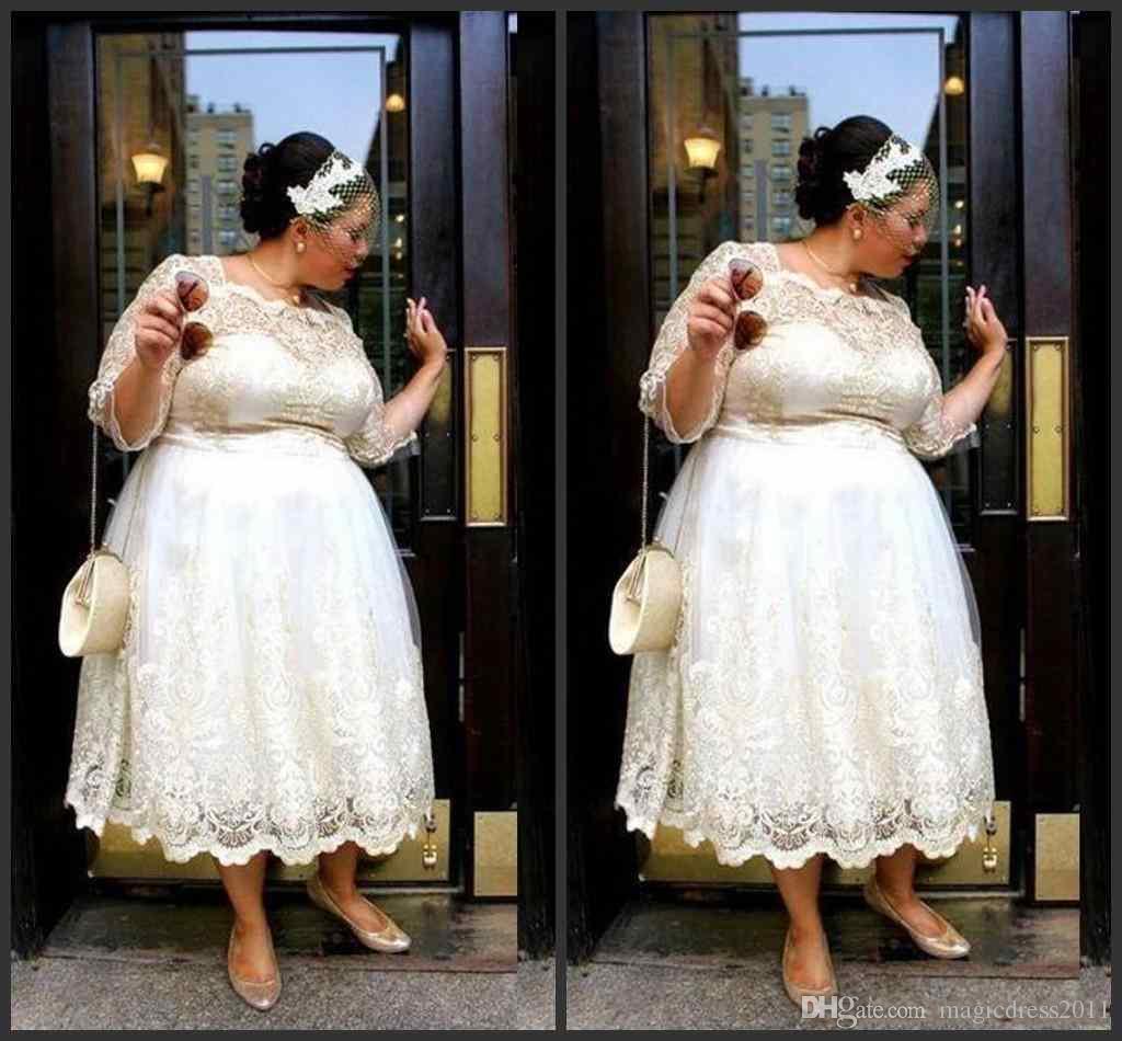 Discount Plus Size Vintage Tea Length A Line Vintage Lace Wedding Dresses  2018 Elegant 34 Long Sleeve Bridal Gowns Custom Made Wedding Gown One  Shoulder