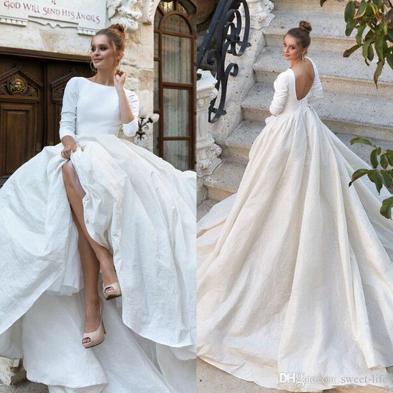 2018 Milla Nova Simple Satin Wedding Dresses 34 Long Sleeves Backless Ball  Gown Court Train Custom Made Bridal Gowns Plus Size Bridal Gowns Chiffon  Wedding