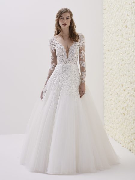 Deep V-neck Long Sleeve Lace A-line Wedding Dress by Pronovias - Image
