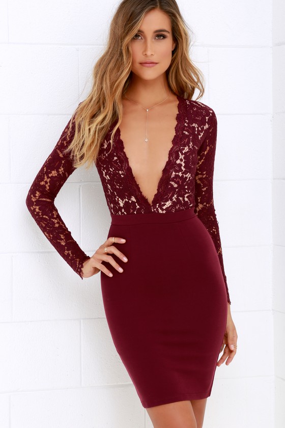 Swoon-er or Later Burgundy Long Sleeve Lace Dress