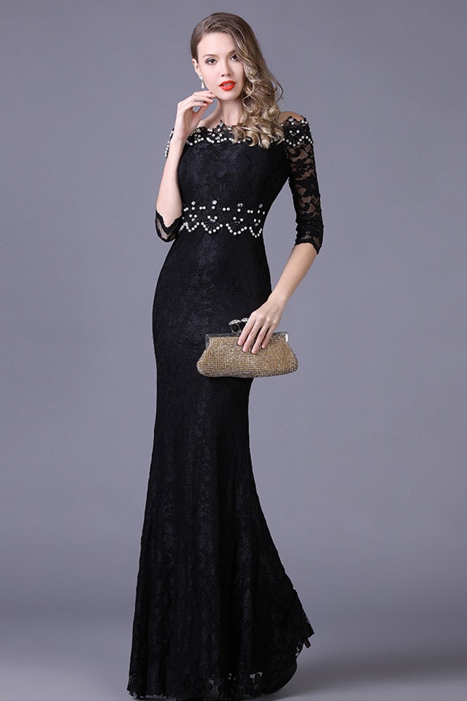 Mermaid Off The Shoulder Black Lace Beaded Special Occasion Evening Dress  With Sleeves