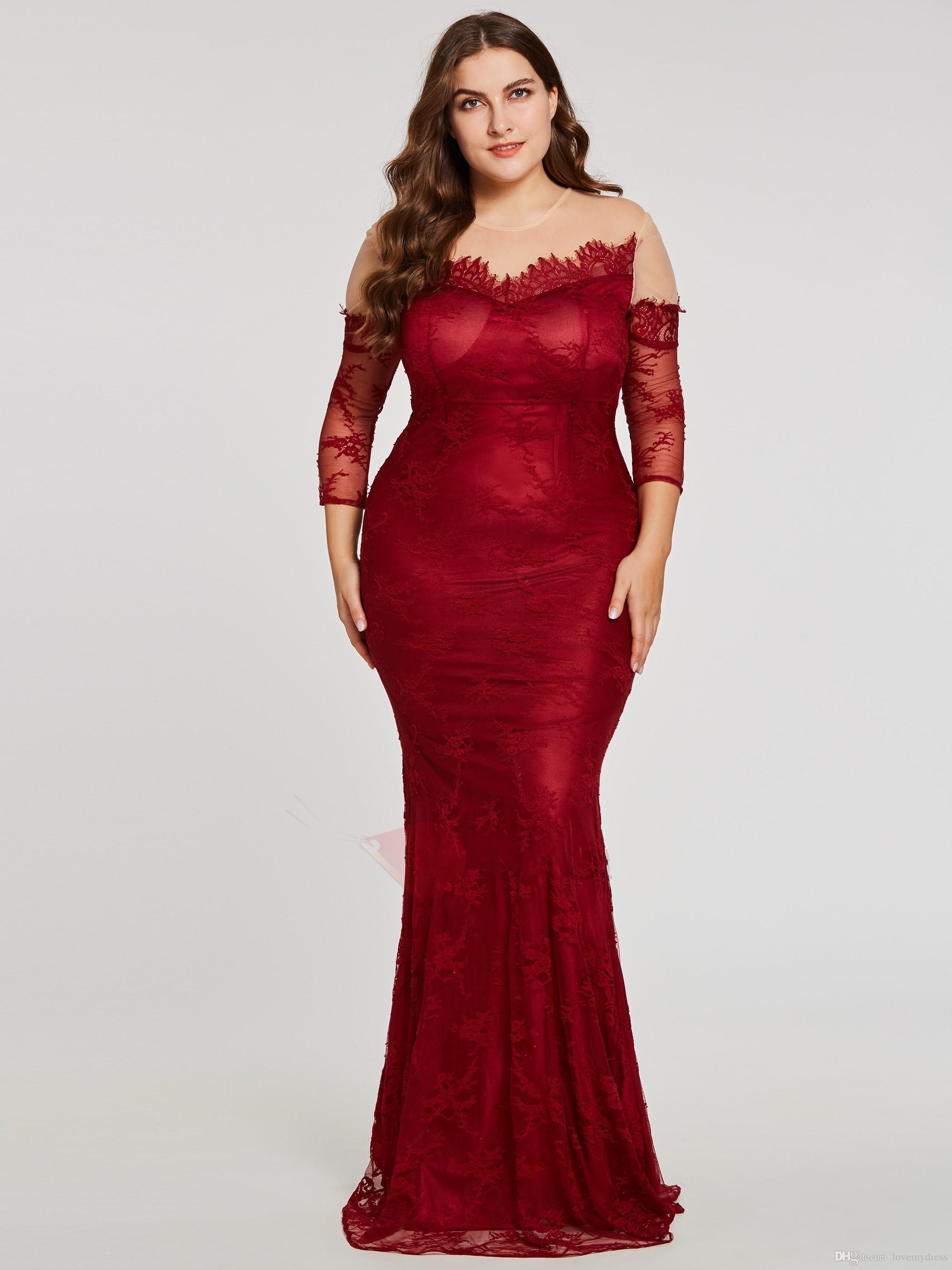 Wine Red Plus Size Special Occasion Dresses For Women Illusion Lace Sleeves  Sheer Neck 2018 Hollow Back Sheath Evening Prom Dress Cheap Maternity  Dresses