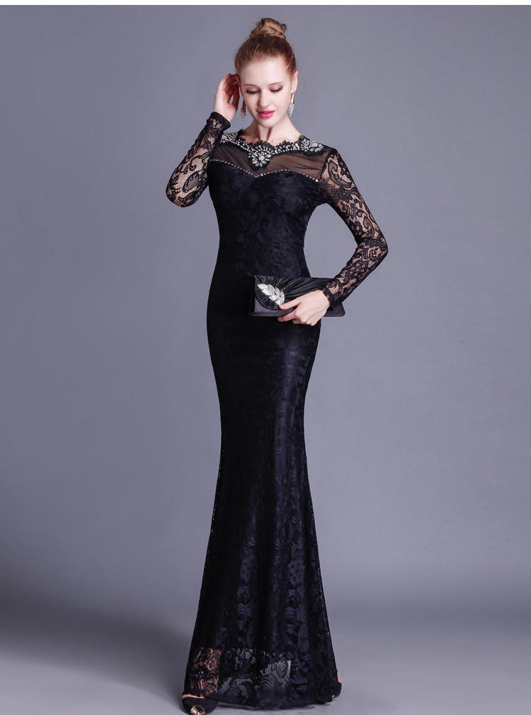Gorgeous Mermaid Open Back Long Sleeve Black Lace Beaded Special Occasion  Evening Dress
