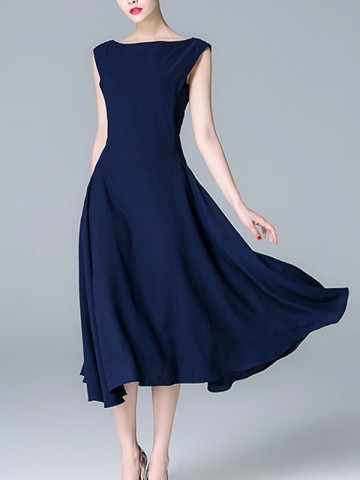 Navy Blue Solid Color Cinched Waist Midi Dress