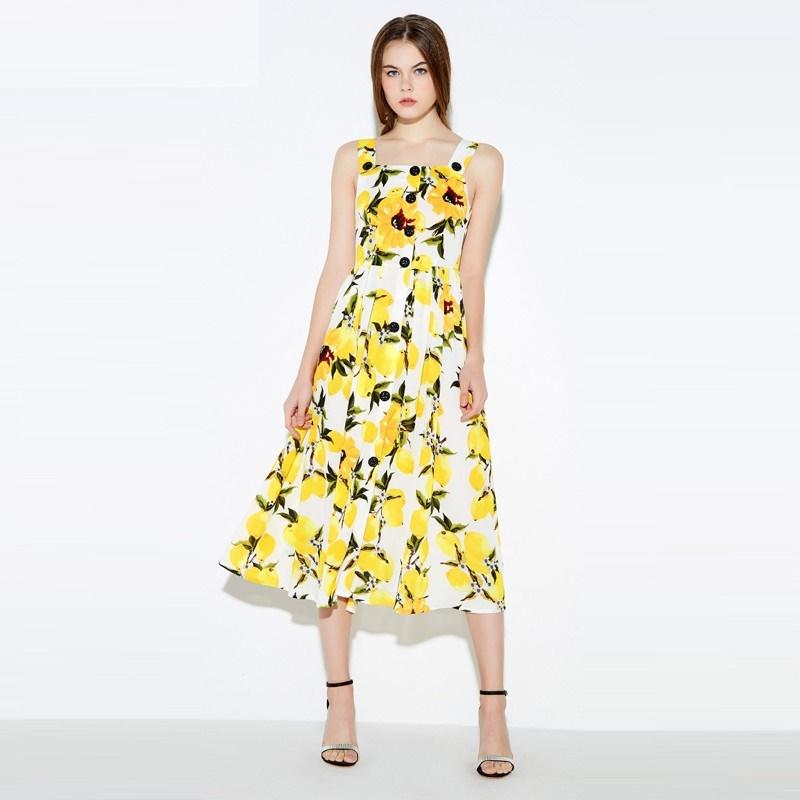 2016 brand new arrival fashion lemon floral print dress without sleeves  sheathed women dresses summer high