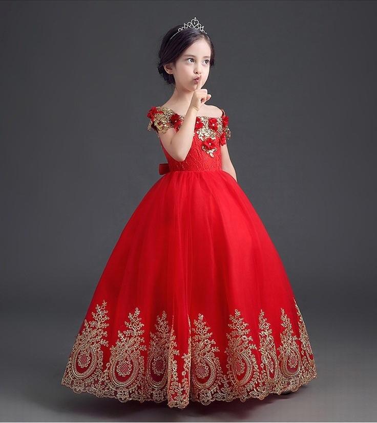 Charming Golden Lace Red Flower Girl Dresses Ball Gown Kids Pincess Pageant Children  Dress Special Occasion Dress GHYTZ104 Flower Girl Dresses Kid Dress