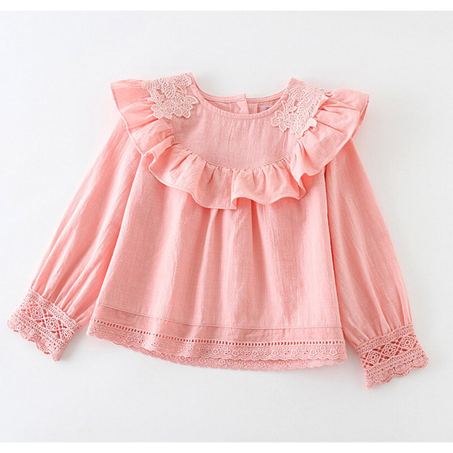 Girl Lace Shirt Child Clothes Pink/ White Spring Long Sleeved tops Girls  Kids Cotton Shirt