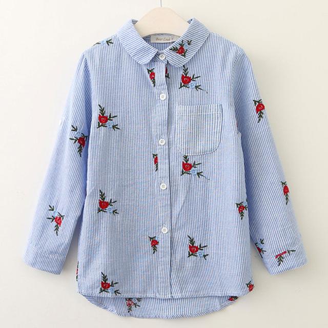 Girls Shirts New Baby Girls Blouse Red Flowers Embroidery Strip Kids Shirts  Children Clothing