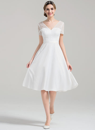 A-Line/Princess V-neck Knee-Length Satin Wedding Dress With Sequins